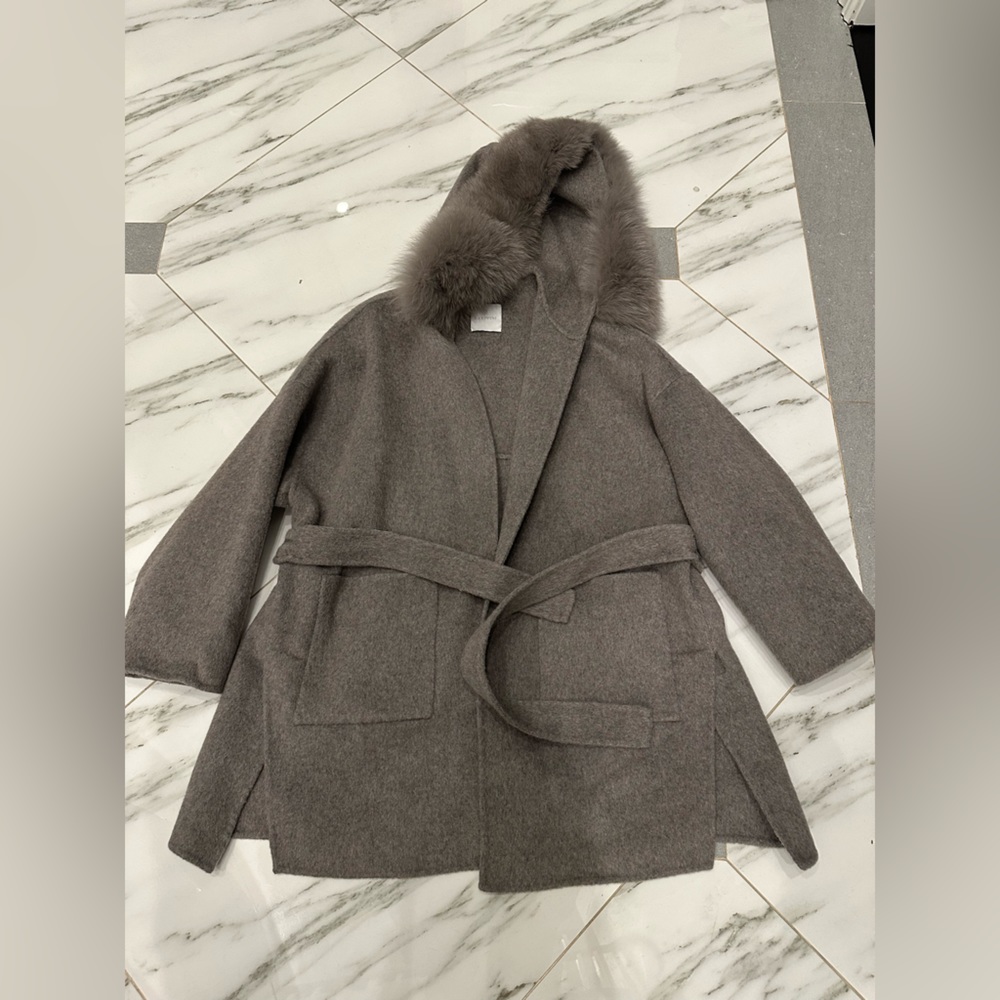 Gray Women's Coat with Fur Trim